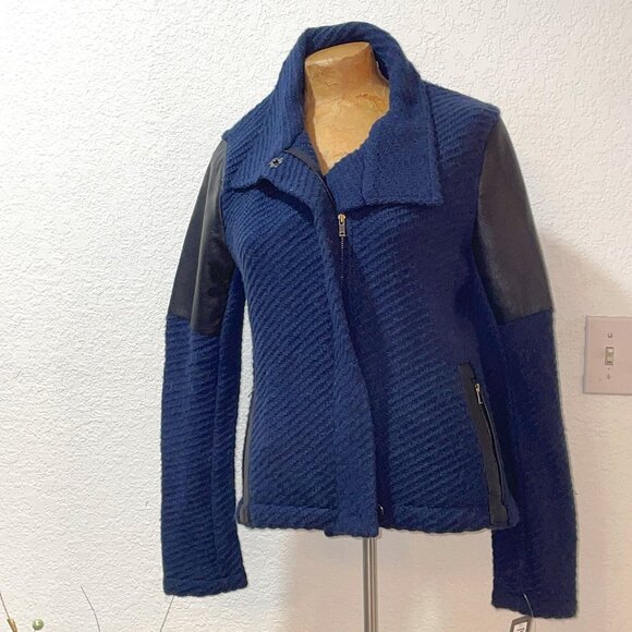 NWT $380 AMS PURE Blue Black Faux Leather Trim Sweater S 6 - Picture 1 of 5